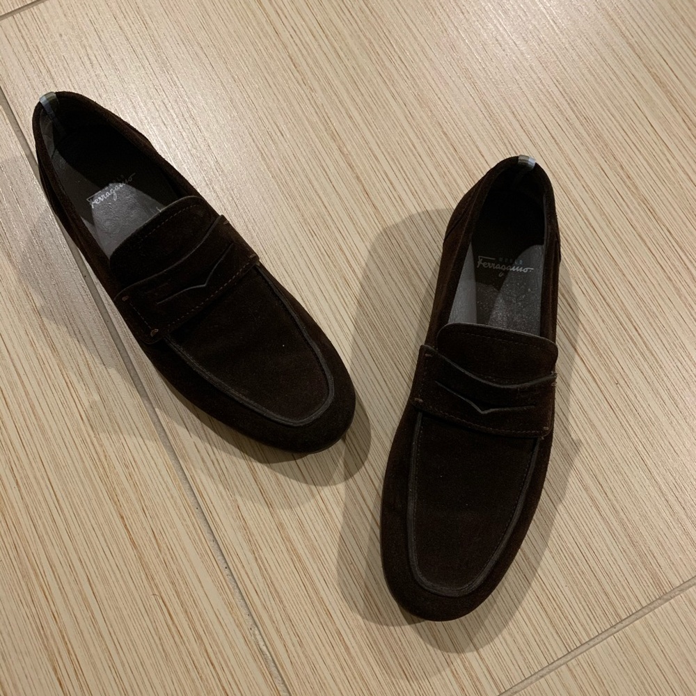 Ferragamo Brown Suede Leather Loafers - Picture 1 of 8